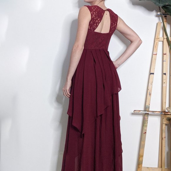 Red Lace Ruffle Asymmetric Maxi Dress - Picture 4 of 6